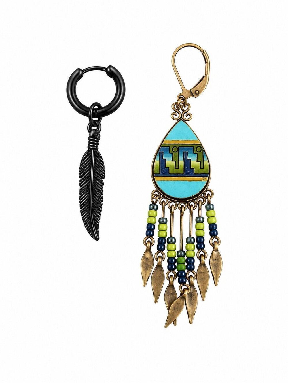 3/$30 Mismatched Southwestern Feather Aztec Fringe Dangle Earrings